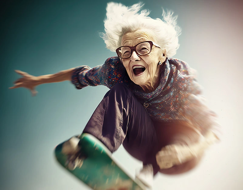 Eine alte Frau nimmt ihren Skateboard Sprung mit neuer Beweglichkeit nach der Osteopathie
