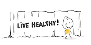 Fröhliches Strichmännchen mit dem englischen Schriftzug "Live Healthy" als Hinweis für Osteopathie